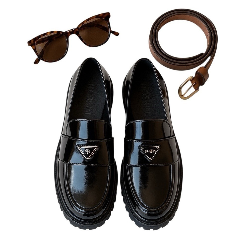 NoSkin Lulie Black Patent Lug Sole Loafers EU 38 US 7.5 New Without Box Chic - Picture 2 of 15